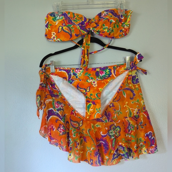 Ralph Lauren Orange Floral 3 Piece Bikini Set With Sarong M/L - Picture 1 of 10